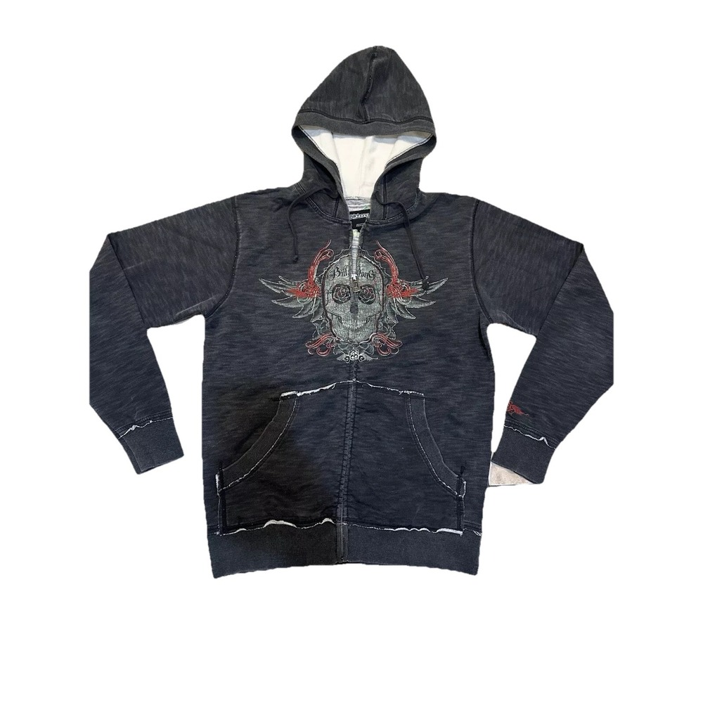 Billabong Mens Skull Graphic Full Zip Hoodie Gray Y2K Distressed Cotton Large